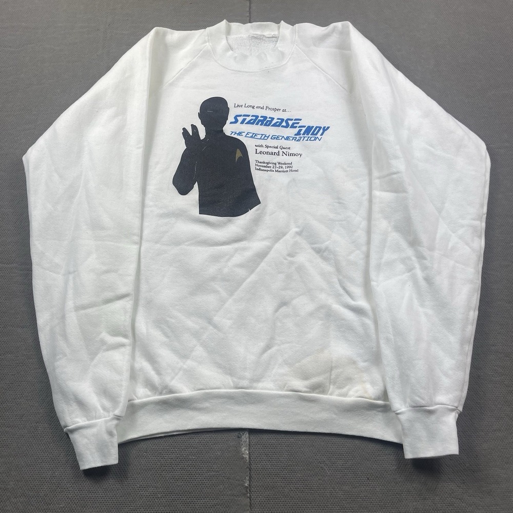 Vintage Star Trek Crewneck Sweater Mens XL* White Starbase Indy Lenard Nimoy USA